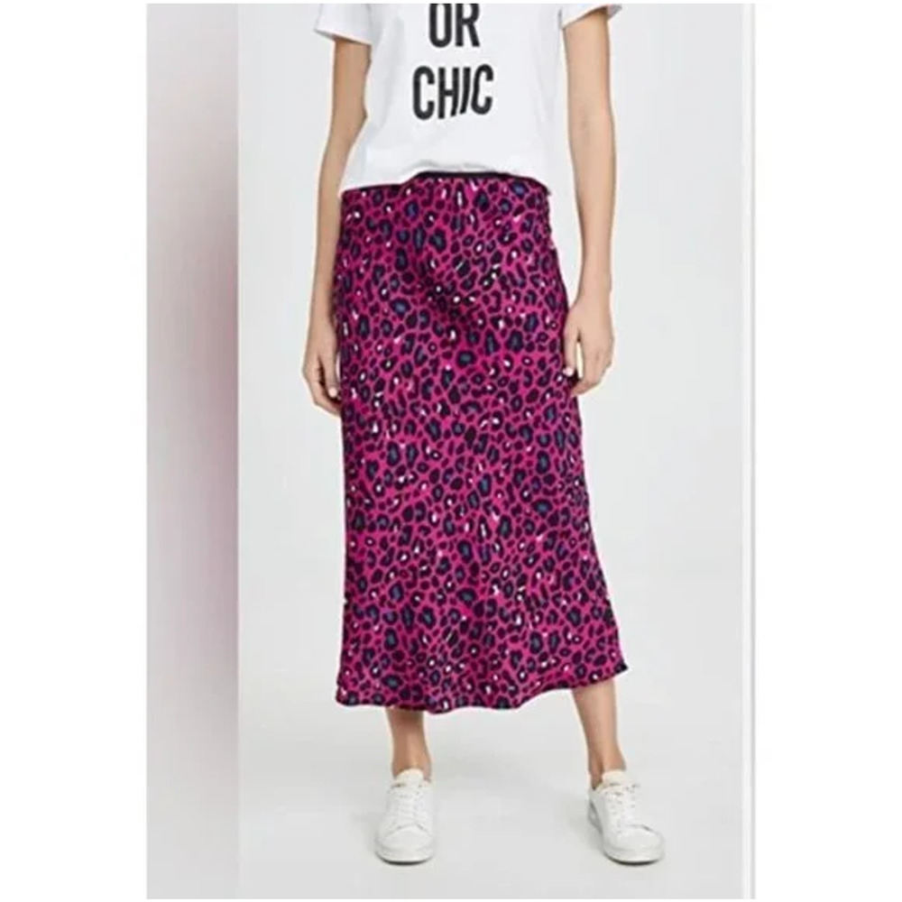 David Lerner Satin Leopard Print High Waisted Pencil Midi Skirt Fuchsia Black M